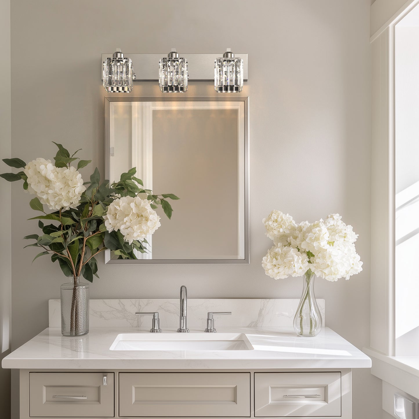 YANSUN 3-Light LED Crystal Vanity Light 4.33in Square KD Shade Chrome Finish 3CCT Dimmable Mirror Light Fixture 15W Integrated LED