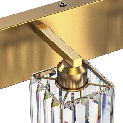 YANSUN 24 in. 3-Light Gold Square LED Vanity Light in Antique Brass with Crystal Shade for Bathroom and Makeup Room