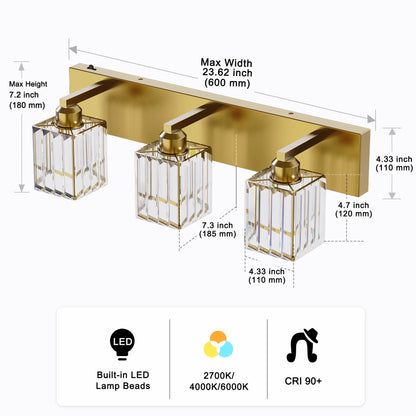 YANSUN 24 in. 3-Light Gold Square LED Vanity Light in Antique Brass with Crystal Shade for Bathroom and Makeup Room