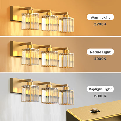 YANSUN 24 in. 3-Light Gold Square LED Vanity Light in Antique Brass with Crystal Shade for Bathroom and Makeup Room