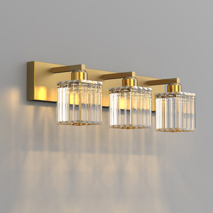 YANSUN 24 in. 3-Light Gold Square LED Vanity Light in Antique Brass with Crystal Shade for Bathroom and Makeup Room