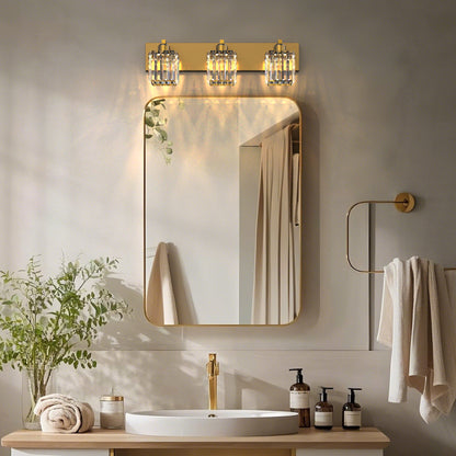 YANSUN 24 in. 3-Light Gold Square LED Vanity Light in Antique Brass with Crystal Shade for Bathroom and Makeup Room