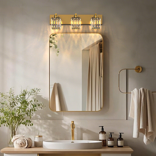 YANSUN 24 in. 3-Light Gold Square LED Vanity Light in Antique Brass with Crystal Shade for Bathroom and Makeup Room