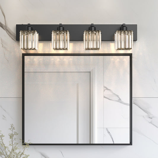 YANSUN 32 In. 4-Light Square LED Vanity Light in All-Black with Crystal Shade for Bathroom and Makeup Room