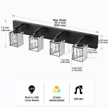 YANSUN 32 In. 4-Light Square LED Vanity Light in All-Black with Crystal Shade for Bathroom and Makeup Room