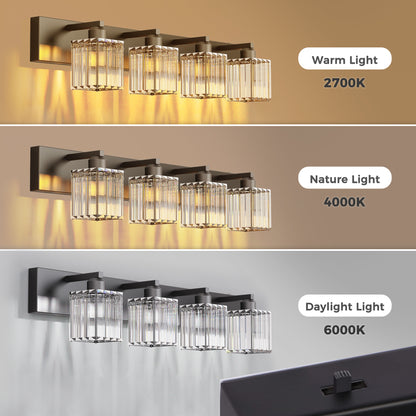 32 in. 4-Light Modern Crystal Black Bathroom Integrated LED Vanity Light Fixture with Clear Glass Shades