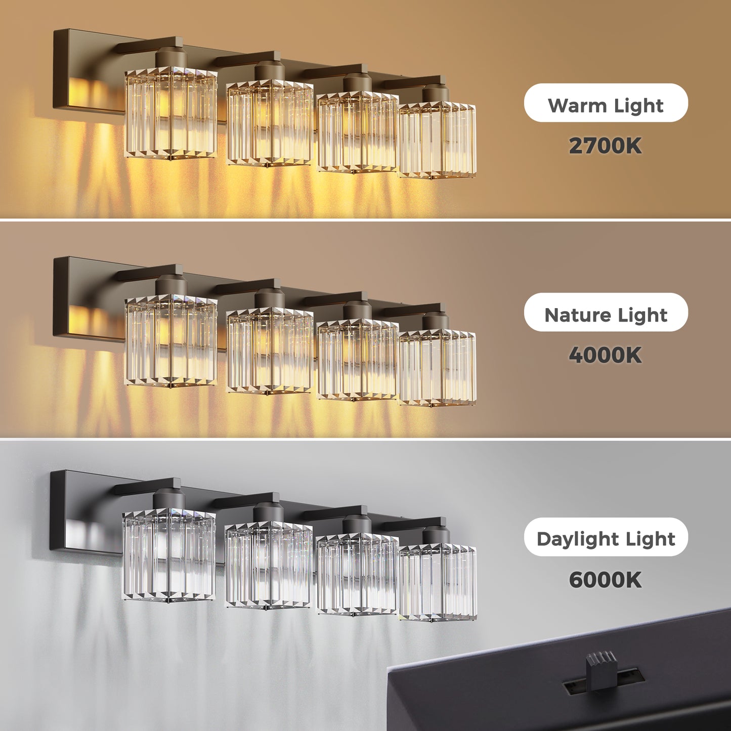 YANSUN 32 In. 4-Light Square LED Vanity Light in All-Black with Crystal Shade for Bathroom and Makeup Room