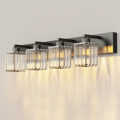 YANSUN 32 In. 4-Light Square LED Vanity Light in All-Black with Crystal Shade for Bathroom and Makeup Room
