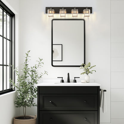 32 in. 4-Light Modern Crystal Black Bathroom Integrated LED Vanity Light Fixture with Clear Glass Shades