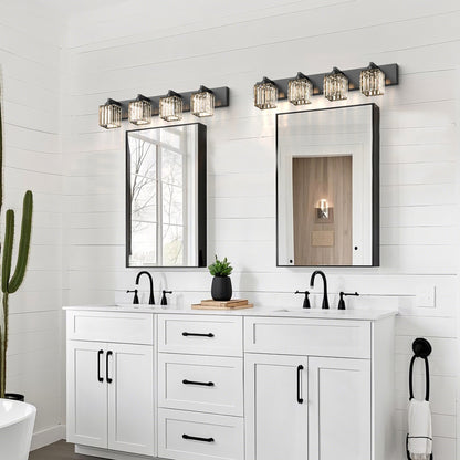 YANSUN 32 In. 4-Light Square LED Vanity Light in All-Black with Crystal Shade for Bathroom and Makeup Room