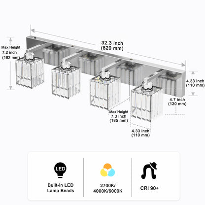 YANSUN 32 in. 4-Light Square Chrome LED Vanity Light with Crystal Shade for Mirror