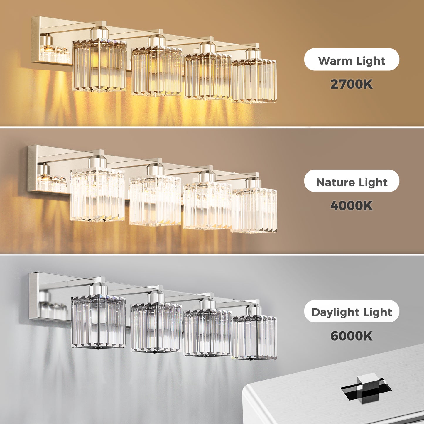 YANSUN 32 in. 4-Light Square Chrome LED Vanity Light with Crystal Shade for Mirror