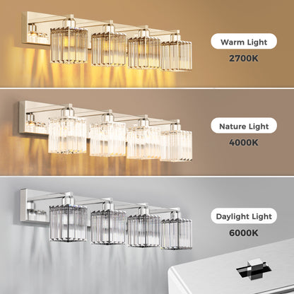 YANSUN 32 in. 4-Light Square Chrome LED Vanity Light with Crystal Shade for Mirror