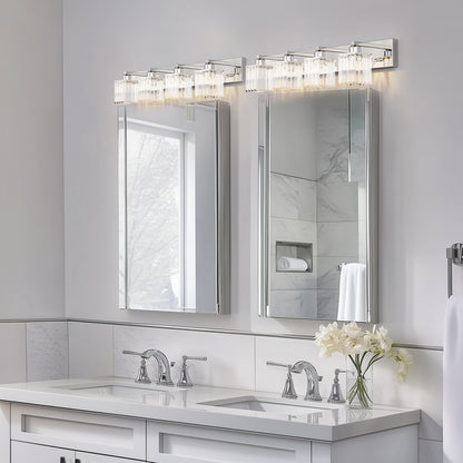 YANSUN 32 in. 4-Light Square Chrome LED Vanity Light with Crystal Shade for Mirror