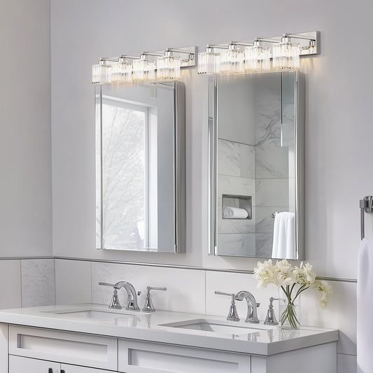 YANSUN 32 in. 4-Light Square Chrome LED Vanity Light with Crystal Shade for Mirror