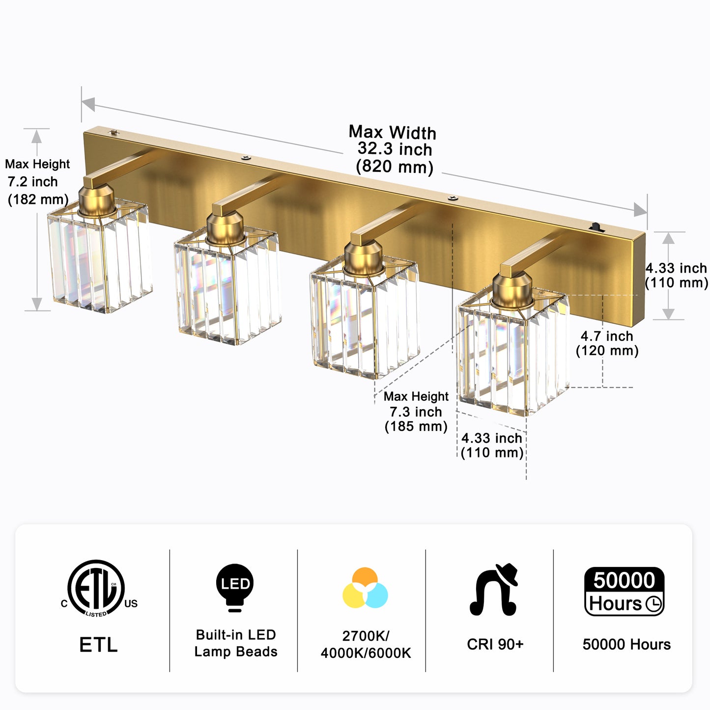 YANSUN 4-Light LED Bathroom Vanity Light Brass Finish Modern Mirror Light with Square Crystal Shades Integrated LED Wall Fixture