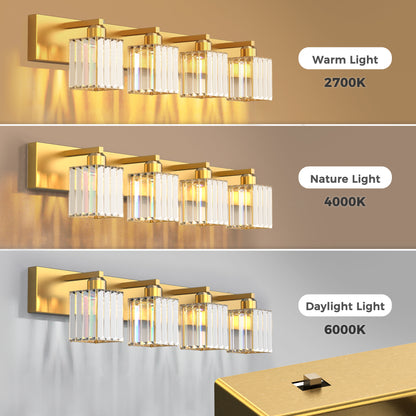 32 in. 4-Light Modern Crystal Bathroom Vanity Light Integrated LED Fixture, Gold with Clear Glass Shades