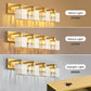 YANSUN 4-Light LED Bathroom Vanity Light Brass Finish Modern Mirror Light with Square Crystal Shades Integrated LED Wall Fixture