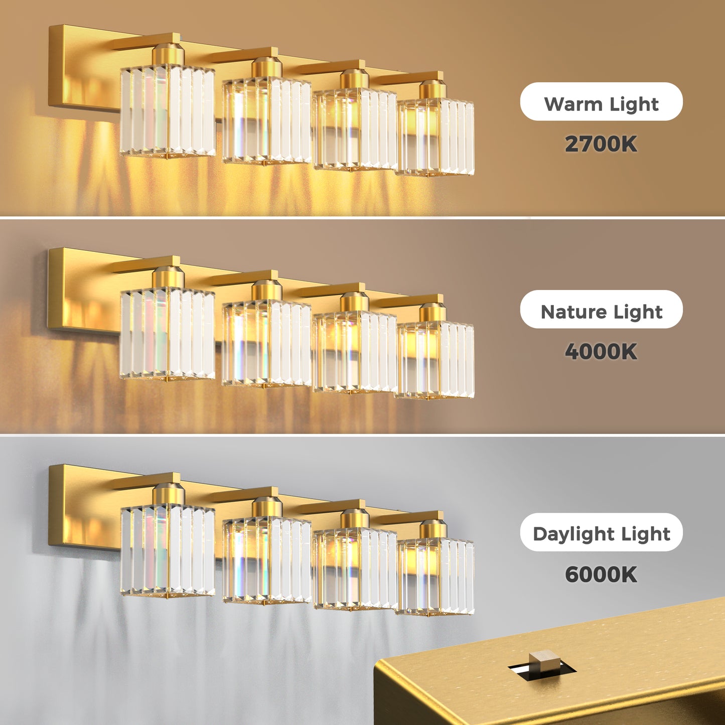 YANSUN 4-Light LED Bathroom Vanity Light Brass Finish Modern Mirror Light with Square Crystal Shades Integrated LED Wall Fixture