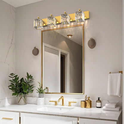 32 in. 4-Light Modern Crystal Bathroom Vanity Light Integrated LED Fixture, Gold with Clear Glass Shades
