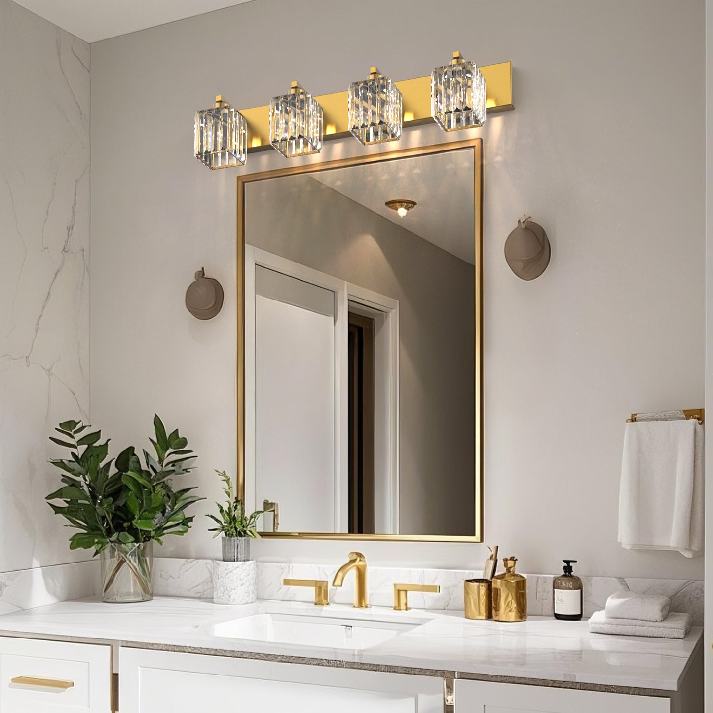 YANSUN 4-Light LED Bathroom Vanity Light Brass Finish Modern Mirror Light with Square Crystal Shades Integrated LED Wall Fixture