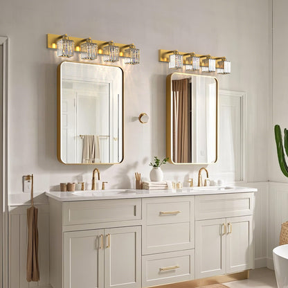 32 in. 4-Light Modern Crystal Bathroom Vanity Light Integrated LED Fixture, Gold with Clear Glass Shades