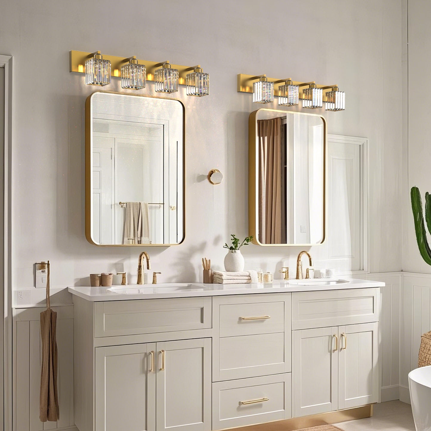 YANSUN 4-Light LED Bathroom Vanity Light Brass Finish Modern Mirror Light with Square Crystal Shades Integrated LED Wall Fixture