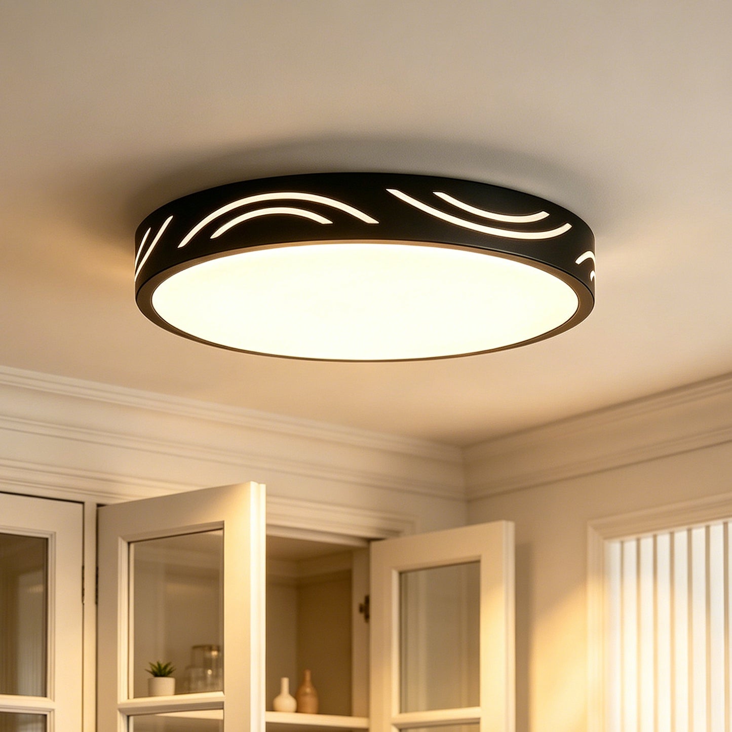 YANSUN 11. 8in Matte Black Integrated LED Flush Mount Ceiling Light with Round Plastic Shade, Dimmable 5-Level Switch for Foyer
