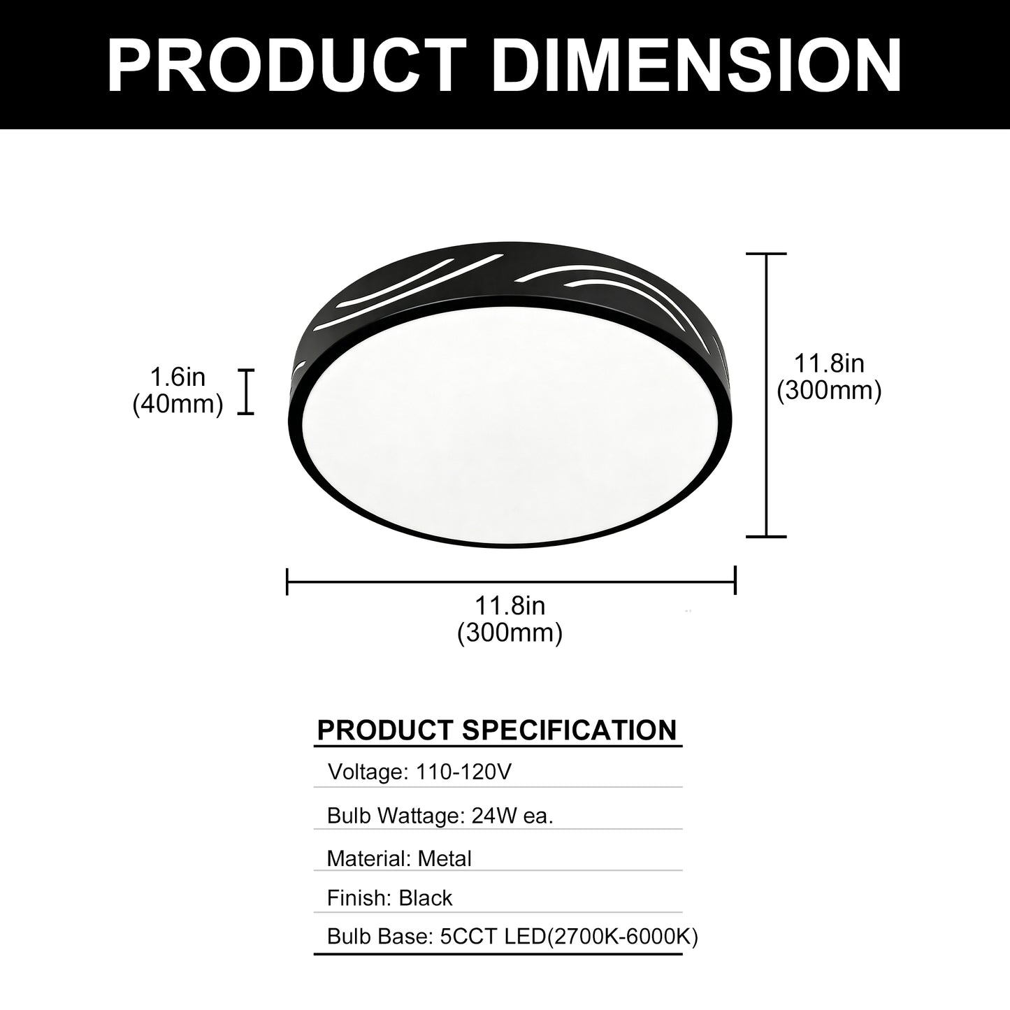 YANSUN 11. 8in Matte Black Integrated LED Flush Mount Ceiling Light with Round Plastic Shade, Dimmable 5-Level Switch for Foyer