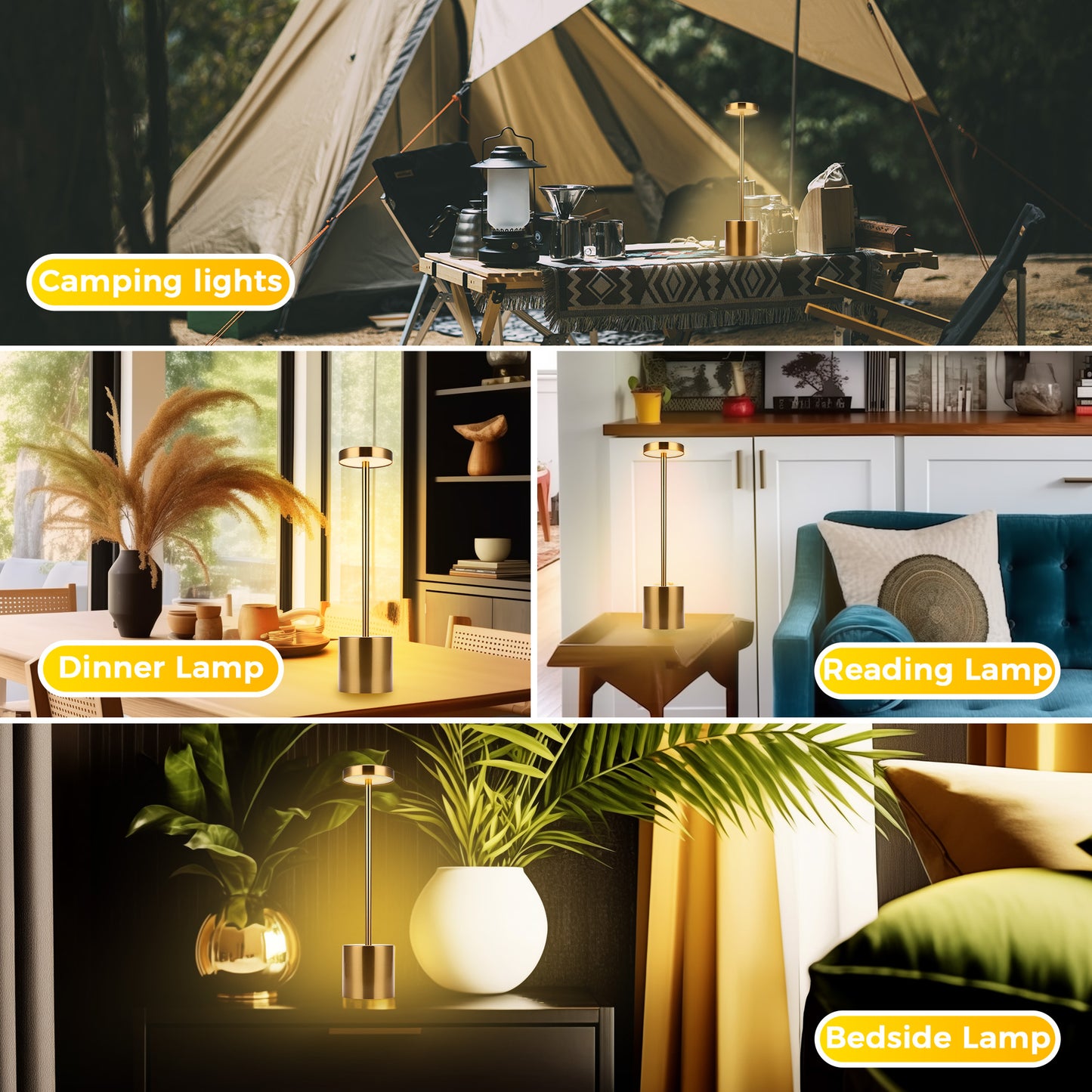 13.4 in. Gold Cordless Rechargeable Integrated LED Table Lamp, Modern Portable Stepless Brightness Desk Lamps (2-Pack)