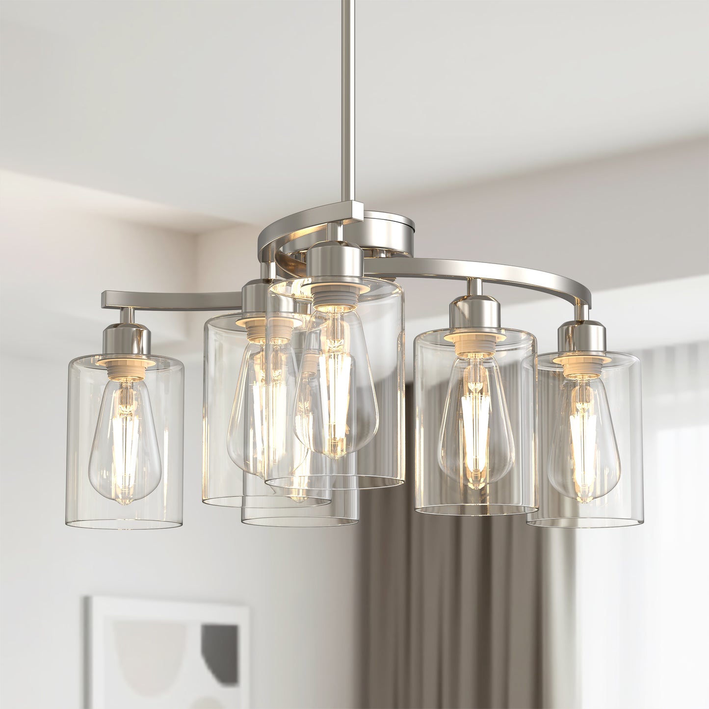 YANSUN 6-Light Brushed Nickel Chandelier Pendant Light with Curved Arms and Glass Shades E26 Ceiling Fixture for Dining Room