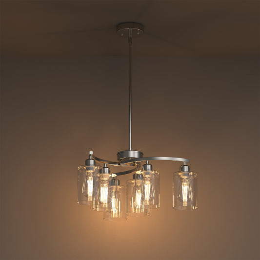 6-Light Satin Nickel Chandelier with Clear Glass Shades, E26 Industrial Pendant Light for Dining Room Kitchen