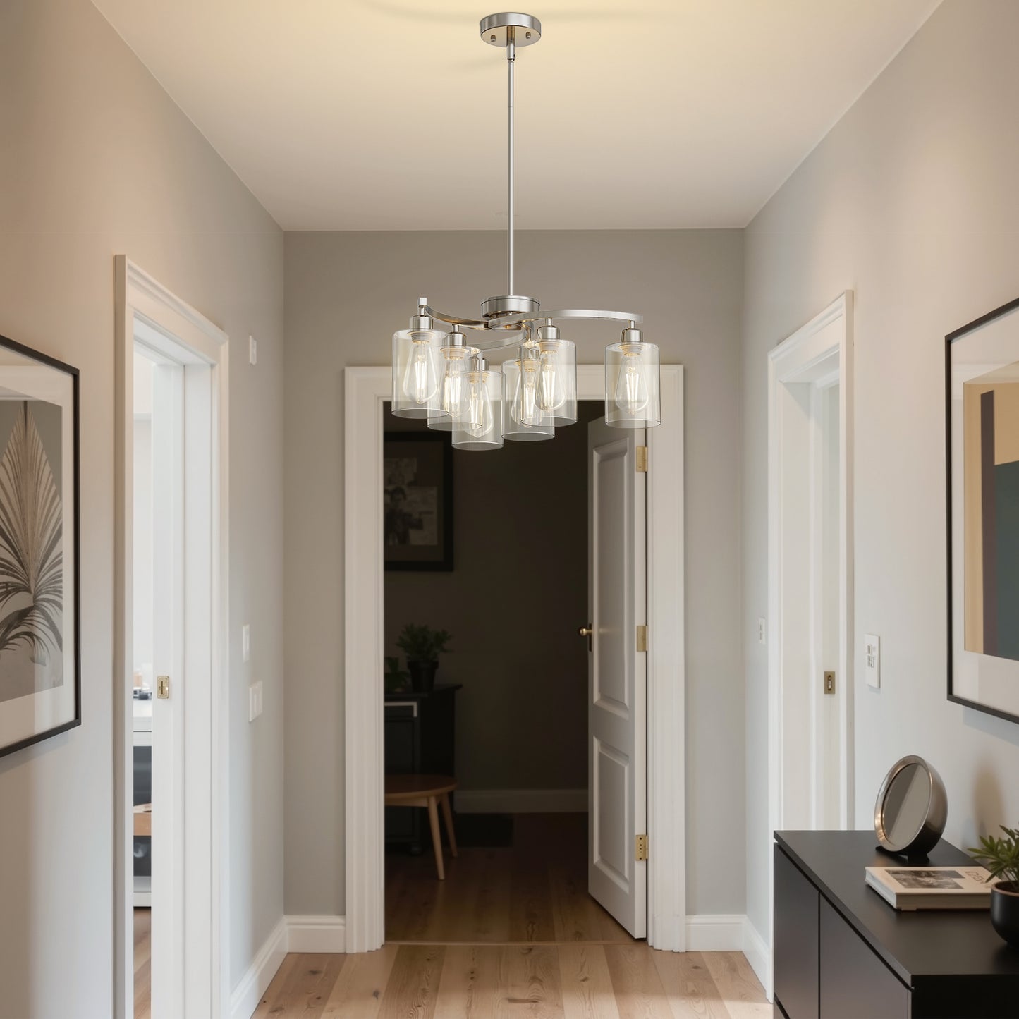 YANSUN 6-Light Brushed Nickel Chandelier Pendant Light with Curved Arms and Glass Shades E26 Ceiling Fixture for Dining Room