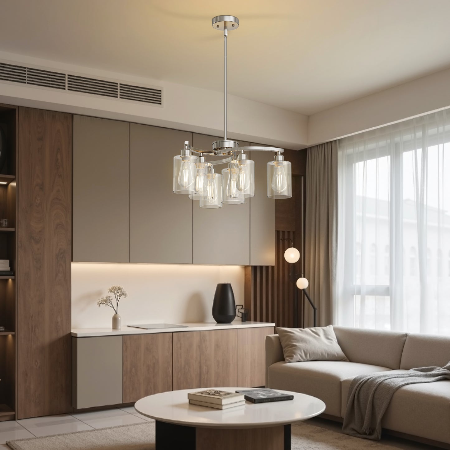 YANSUN 6-Light Brushed Nickel Chandelier Pendant Light with Curved Arms and Glass Shades E26 Ceiling Fixture for Dining Room