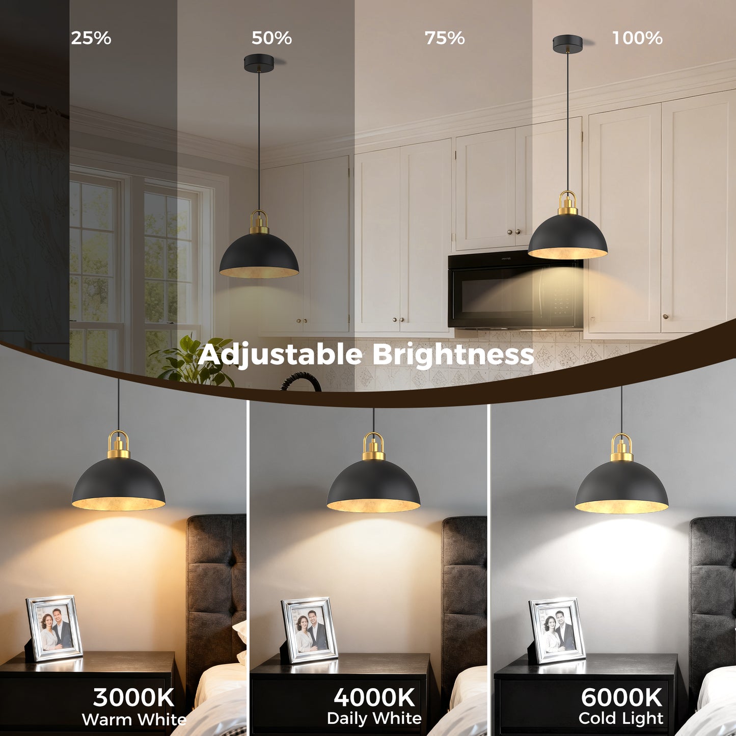 YANSUN Set of 2 KD Pendant Lights with Black and Gold Leaf Interior, Integrated LED, 5W, 110V