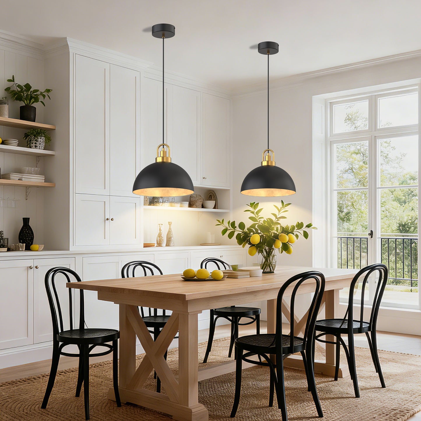 YANSUN Set of 2 KD Pendant Lights with Black and Gold Leaf Interior, Integrated LED, 5W, 110V