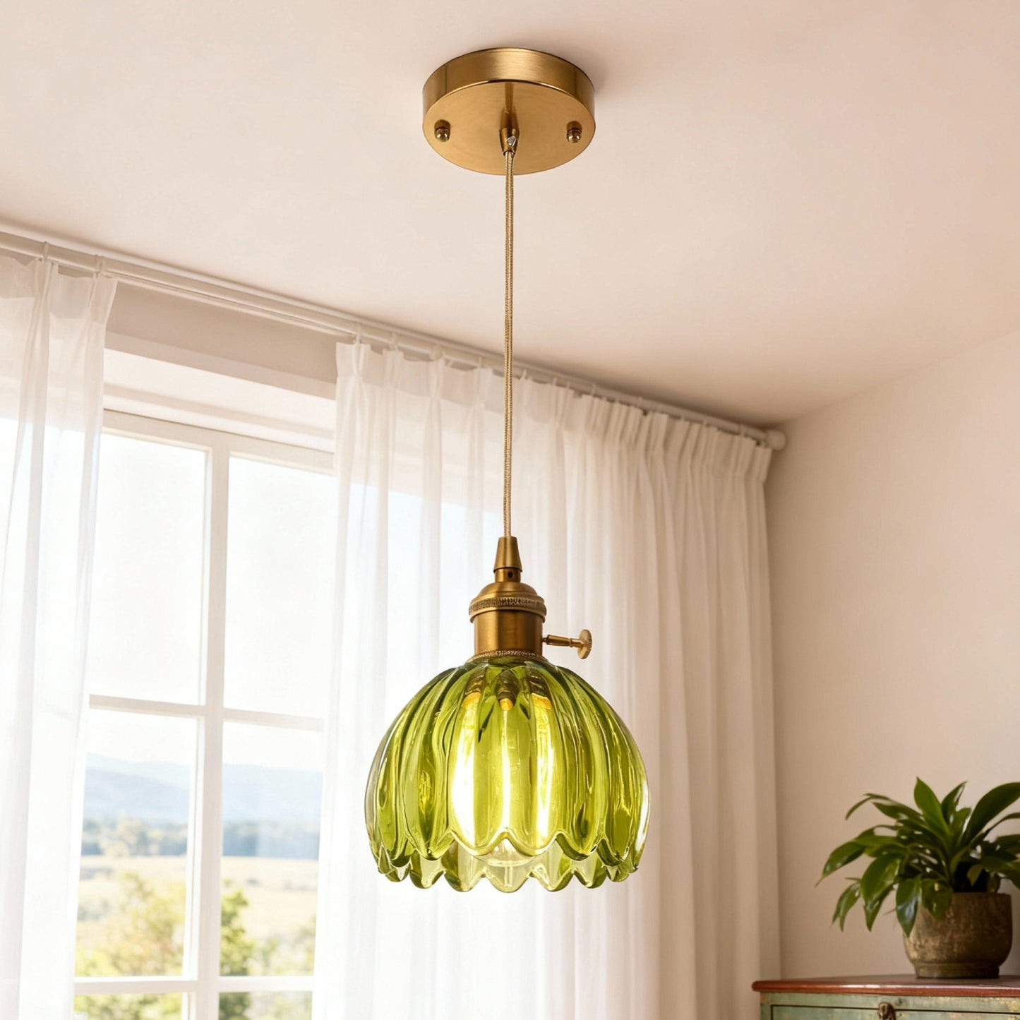 YANSUN 5.12  in. Gold Pendant Light w/ Green Glass Flower Shade E26 Hanging Light Fixture for Kitchen Island Dining Room 2-Pack
