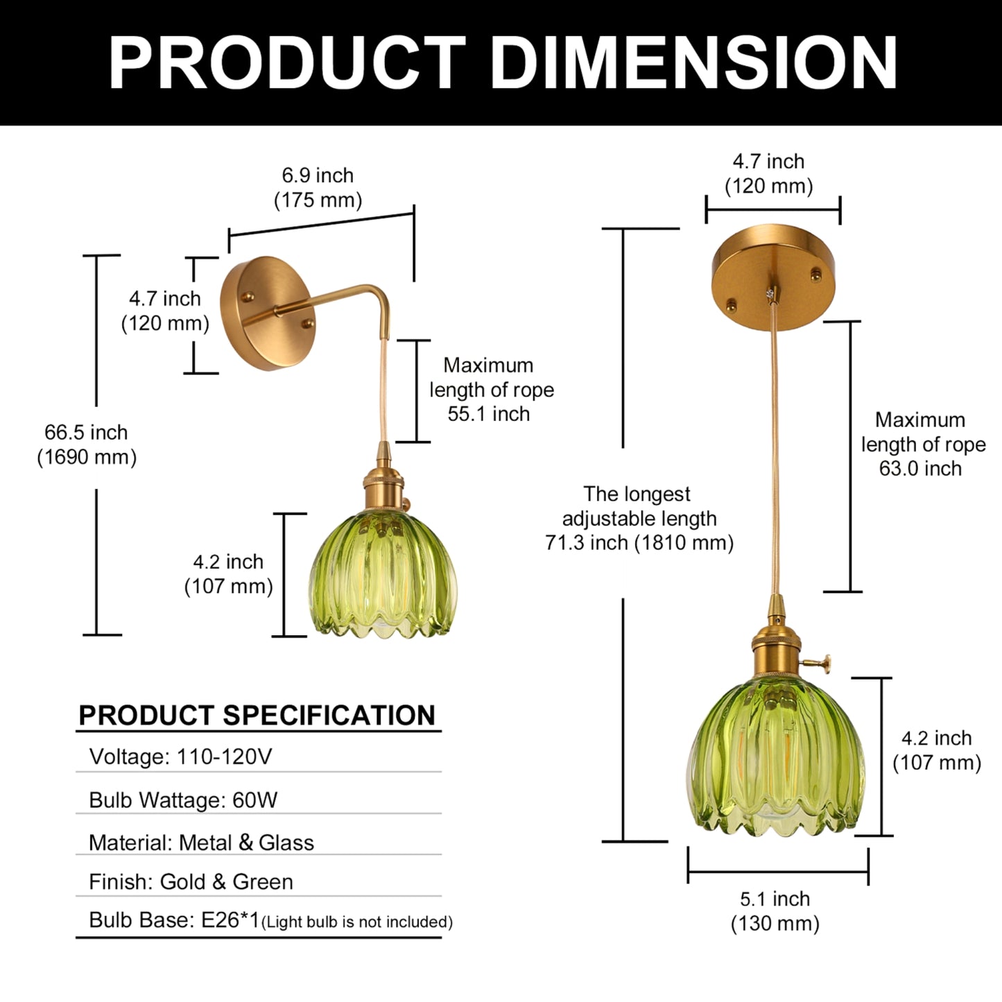 YANSUN 5.12  in. Gold Pendant Light w/ Green Glass Flower Shade E26 Hanging Light Fixture for Kitchen Island Dining Room 2-Pack