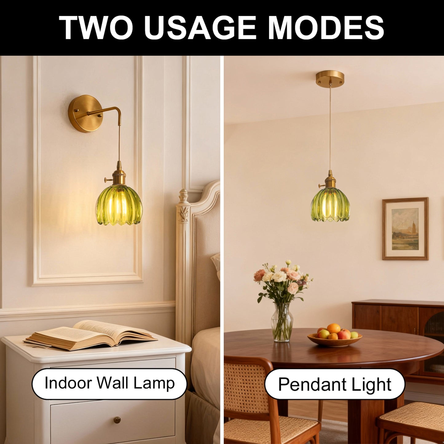 YANSUN 5.12  in. Gold Pendant Light w/ Green Glass Flower Shade E26 Hanging Light Fixture for Kitchen Island Dining Room 2-Pack