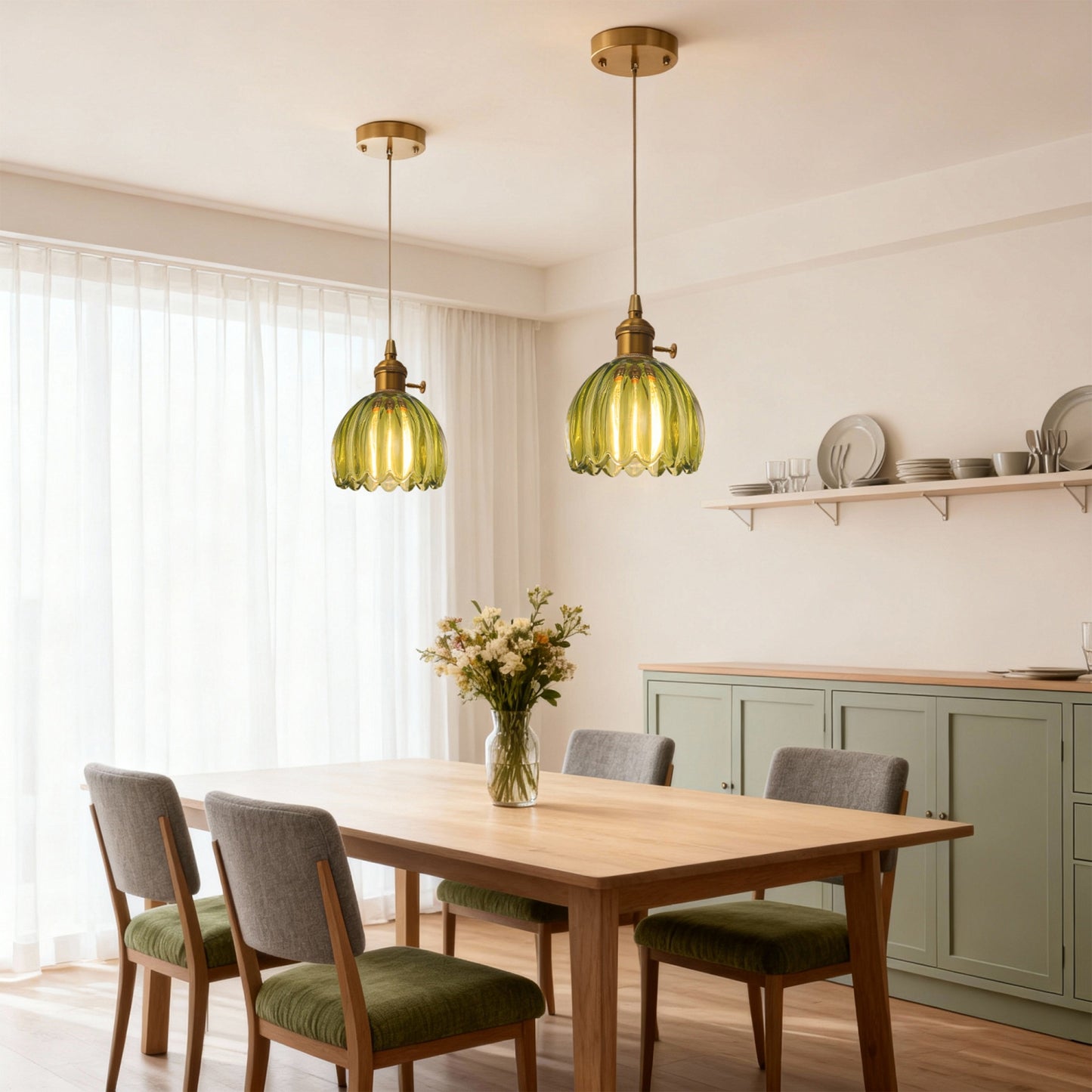 YANSUN 5.12  in. Gold Pendant Light w/ Green Glass Flower Shade E26 Hanging Light Fixture for Kitchen Island Dining Room 2-Pack