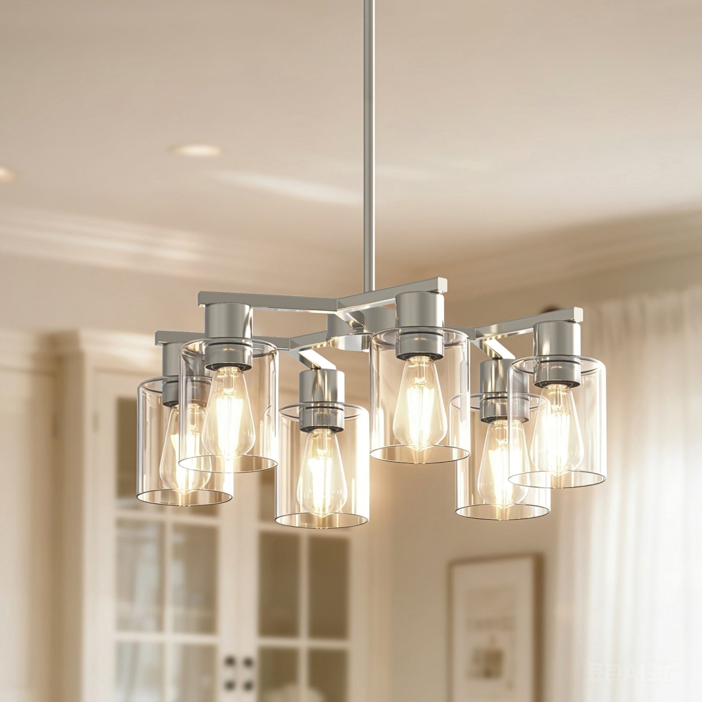 YANSUN 6-Light Branch Chandelier, Y-Shaped Design, Brushed Nickel Finish, Clear Glass Shades, Adjustable Hanging Rods