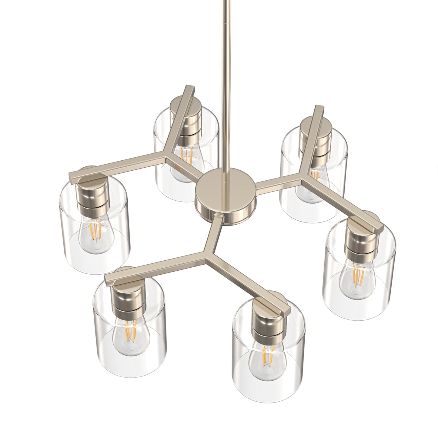 YANSUN 6-Light Branch Chandelier, Y-Shaped Design, Brushed Nickel Finish, Clear Glass Shades, Adjustable Hanging Rods