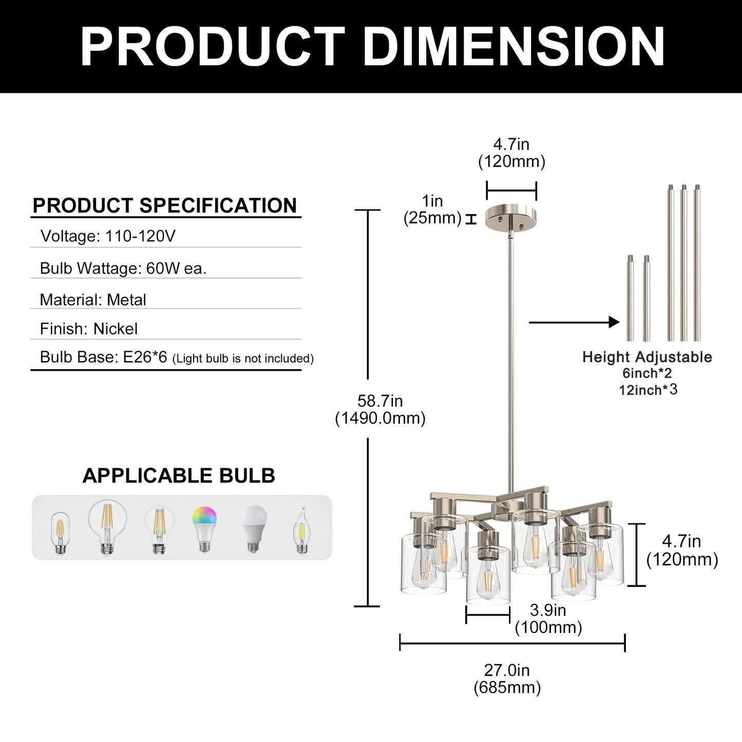 YANSUN 6-Light Branch Chandelier, Y-Shaped Design, Brushed Nickel Finish, Clear Glass Shades, Adjustable Hanging Rods