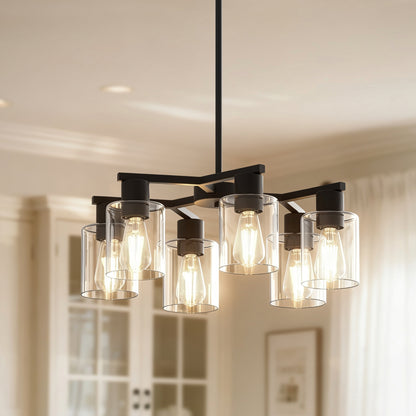 YANSUN 6-Light Branch Chandelier, Y-Shaped Design, Matte Black Finish, Clear Glass Shades, Adjustable Hanging Rods