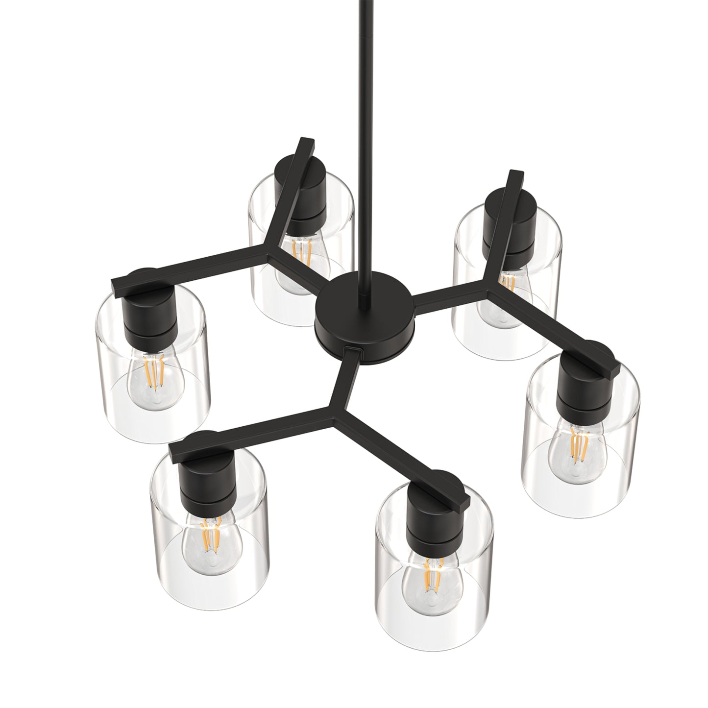YANSUN 6-Light Branch Chandelier, Y-Shaped Design, Matte Black Finish, Clear Glass Shades, Adjustable Hanging Rods