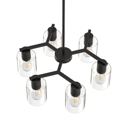 YANSUN 6-Light Branch Chandelier, Y-Shaped Design, Matte Black Finish, Clear Glass Shades, Adjustable Hanging Rods