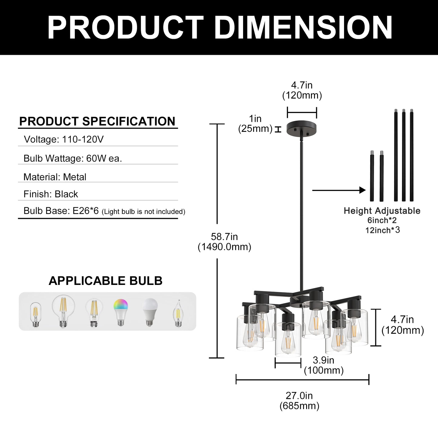 YANSUN 6-Light Branch Chandelier, Y-Shaped Design, Matte Black Finish, Clear Glass Shades, Adjustable Hanging Rods