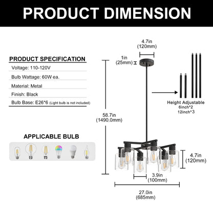 YANSUN 6-Light Branch Chandelier, Y-Shaped Design, Matte Black Finish, Clear Glass Shades, Adjustable Hanging Rods