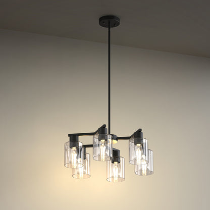 YANSUN 6-Light Branch Chandelier, Y-Shaped Design, Matte Black Finish, Clear Glass Shades, Adjustable Hanging Rods