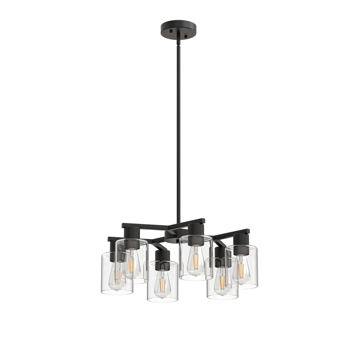 YANSUN 6-Light Branch Chandelier, Y-Shaped Design, Matte Black Finish, Clear Glass Shades, Adjustable Hanging Rods